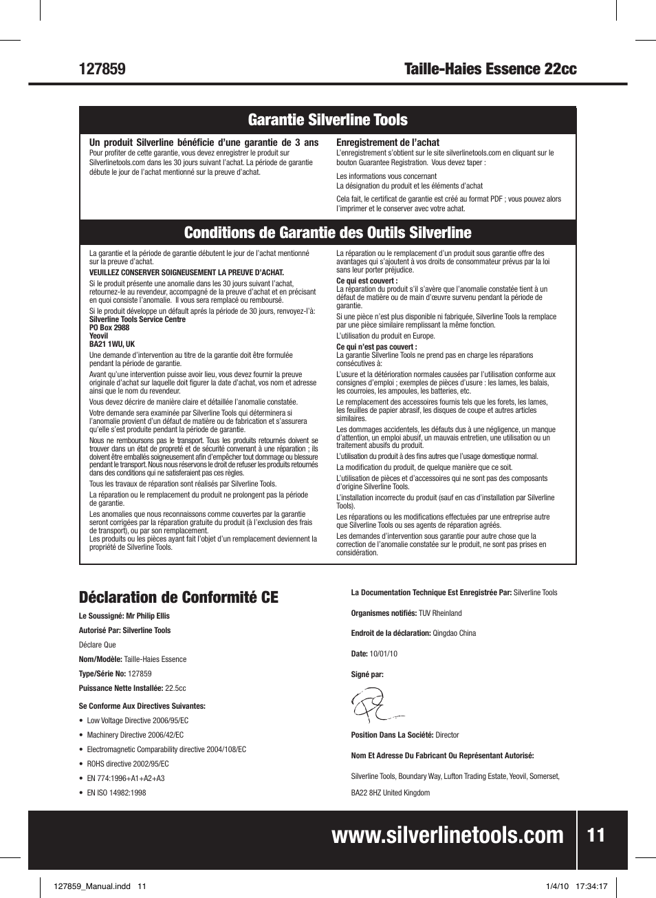 Déclaration de conformité ce | Silverline Hedge Trimmer Petrol 600mm User Manual | Page 12 / 28