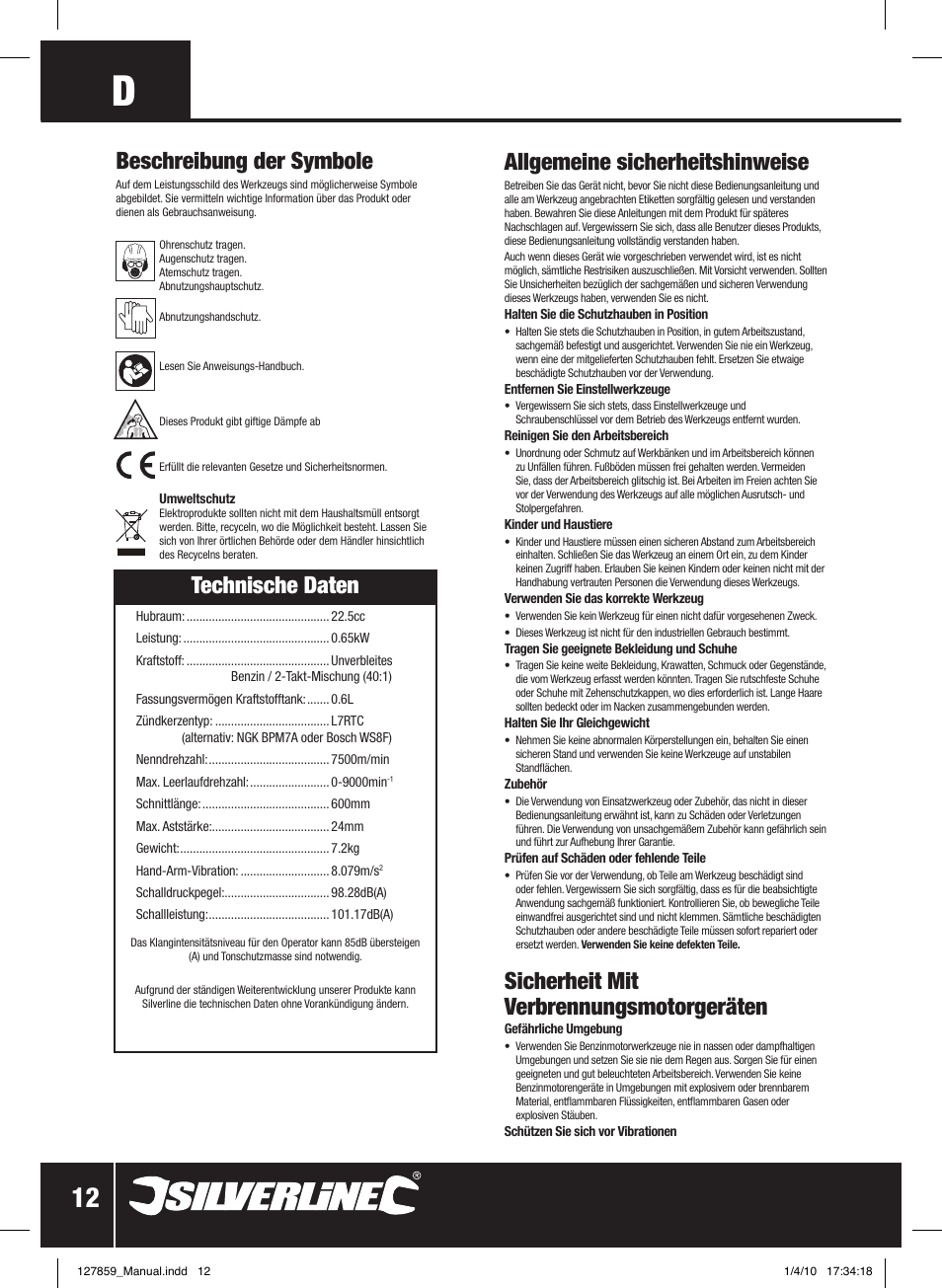 Allgemeine sicherheitshinweise, Sicherheit mit verbrennungsmotorgeräten, Technische daten | Beschreibung der symbole | Silverline Hedge Trimmer Petrol 600mm User Manual | Page 13 / 28