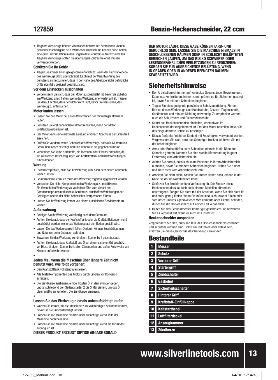 Sicherheitshinweise, Benzin-heckenschneider, 22 ccm, Bestandteile | Silverline Hedge Trimmer Petrol 600mm User Manual | Page 14 / 28