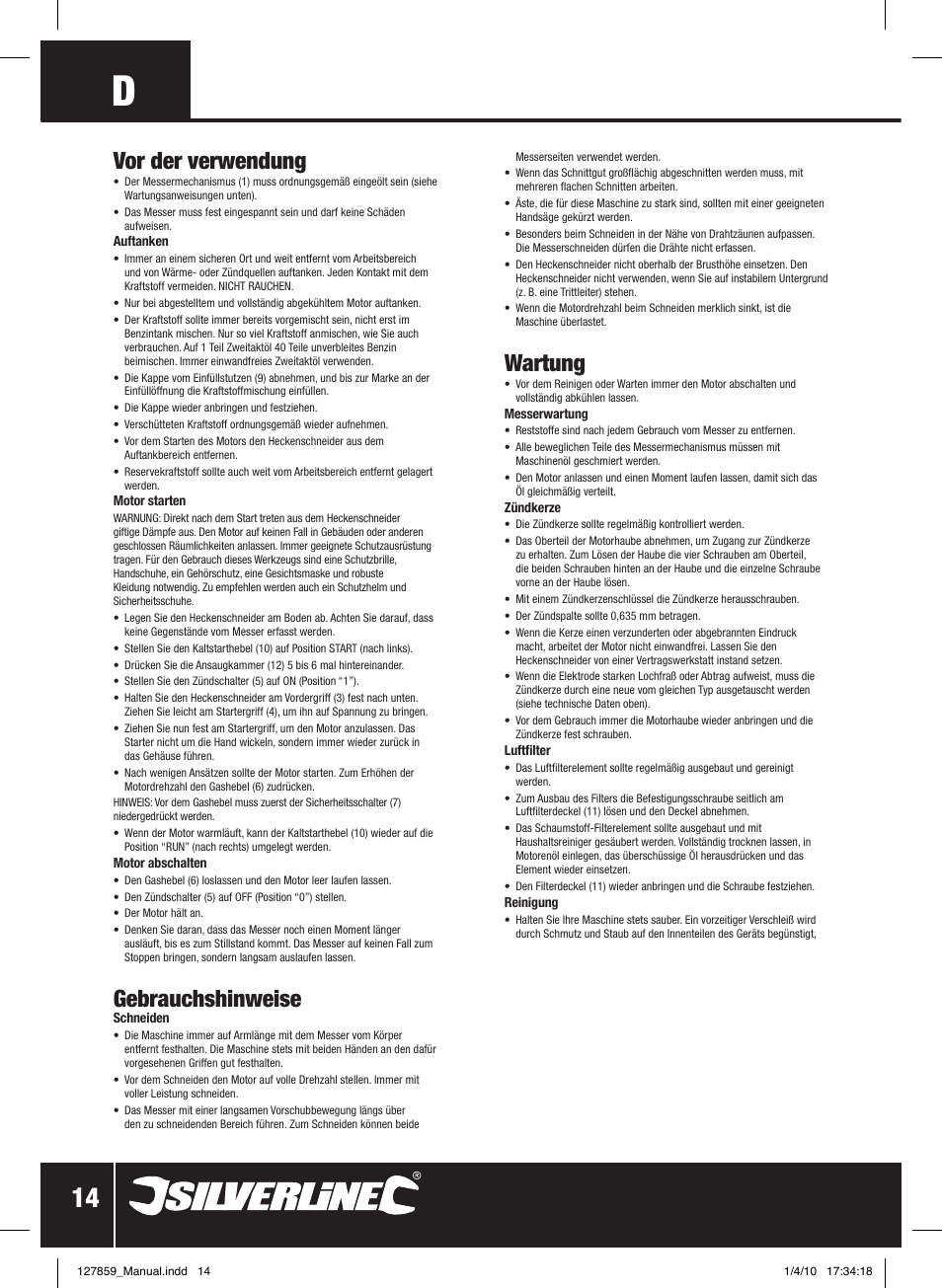 Vor der verwendung, Gebrauchshinweise, Wartung | Silverline Hedge Trimmer Petrol 600mm User Manual | Page 15 / 28