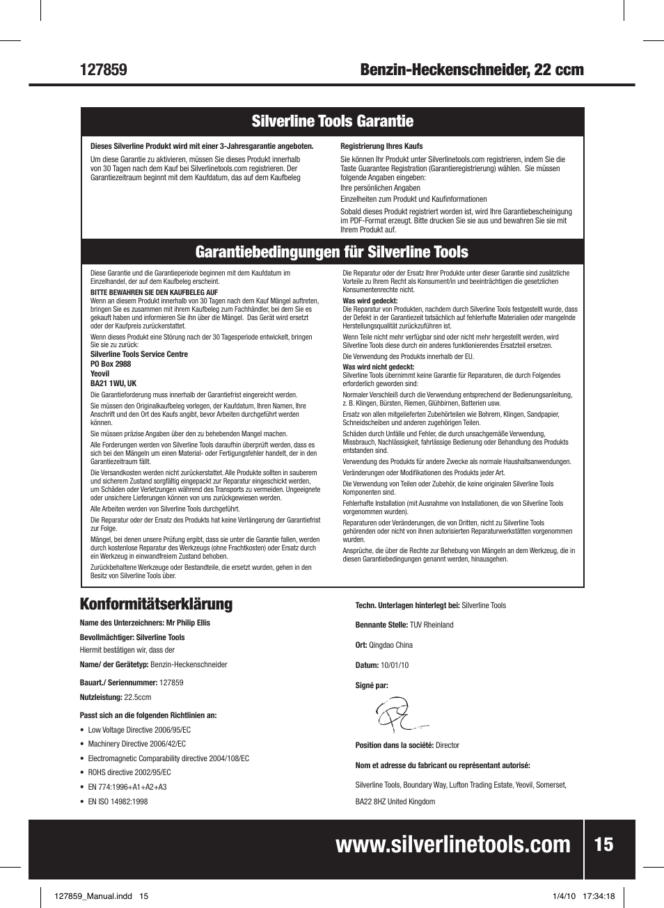 Konformitätserklärung | Silverline Hedge Trimmer Petrol 600mm User Manual | Page 16 / 28