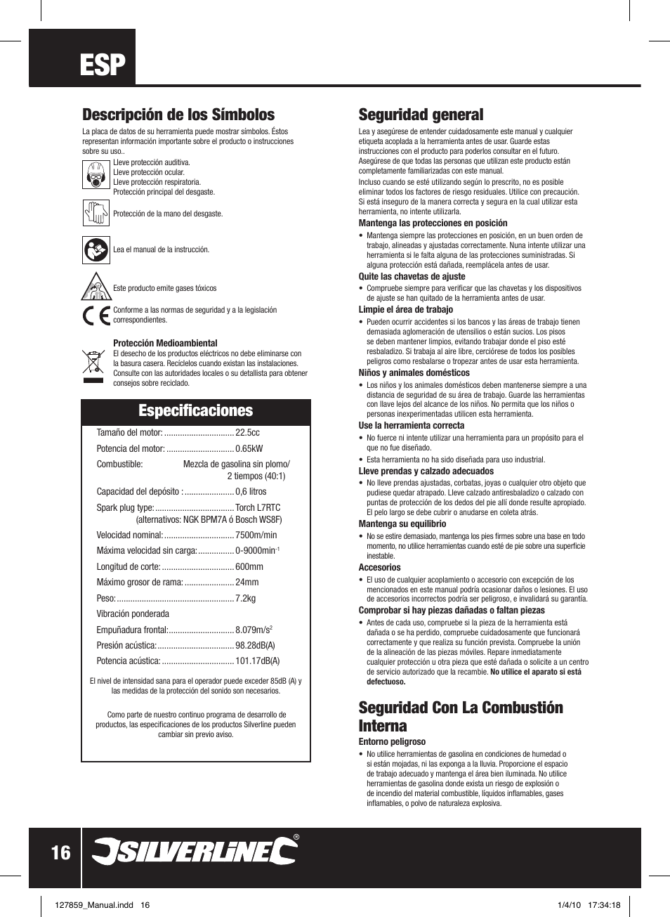 Seguridad general, Seguridad con la combustión interna, Especificaciones | Descripción de los símbolos | Silverline Hedge Trimmer Petrol 600mm User Manual | Page 17 / 28