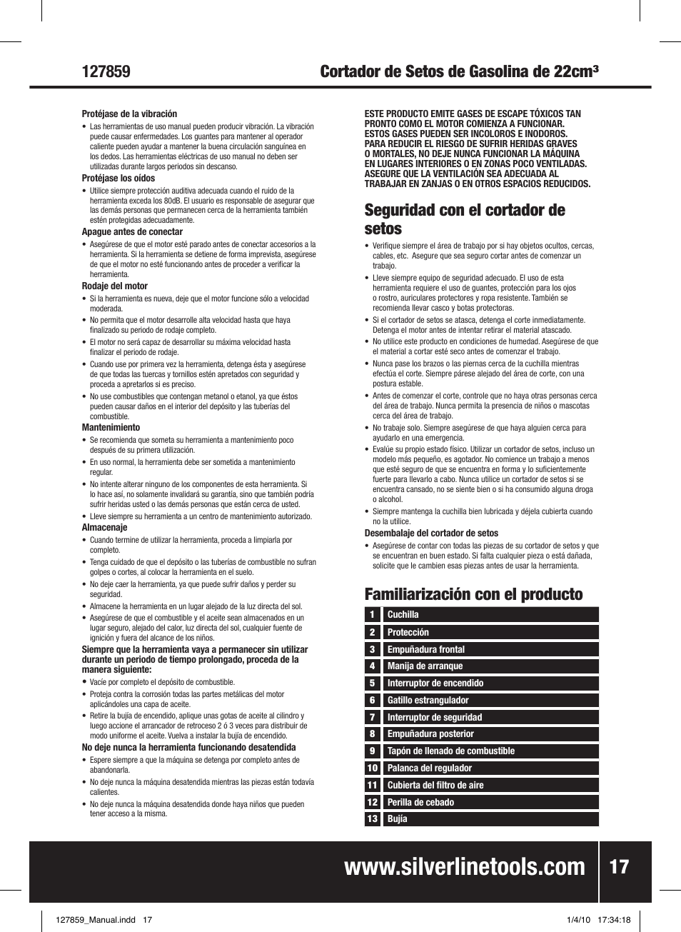 Seguridad con el cortador de setos, Cortador de setos de gasolina de 22cm, Familiarización con el producto | Silverline Hedge Trimmer Petrol 600mm User Manual | Page 18 / 28