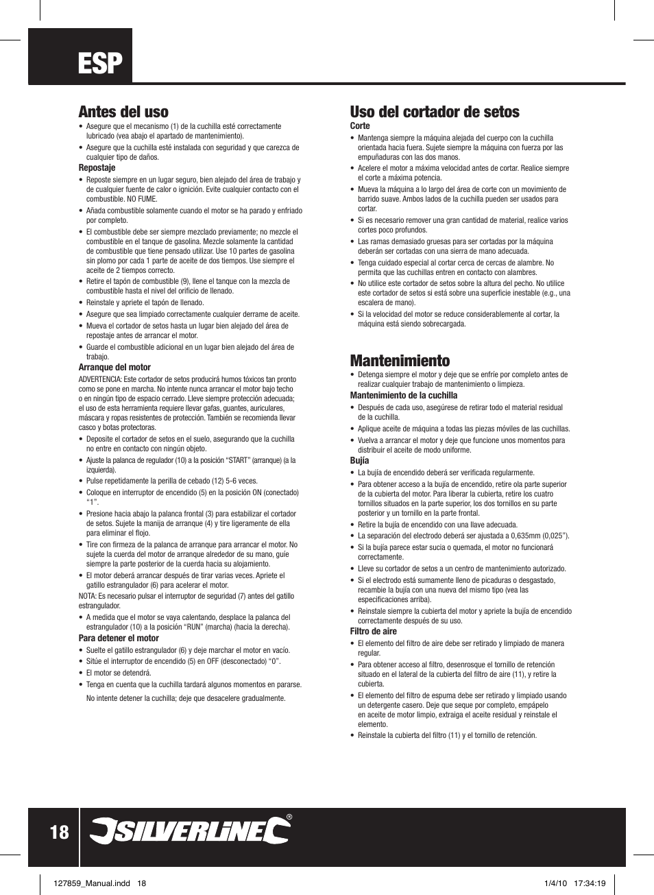 Antes del uso, Uso del cortador de setos, Mantenimiento | Silverline Hedge Trimmer Petrol 600mm User Manual | Page 19 / 28