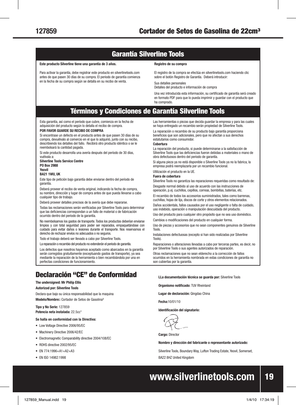 Declaración “ce” de conformidad | Silverline Hedge Trimmer Petrol 600mm User Manual | Page 20 / 28