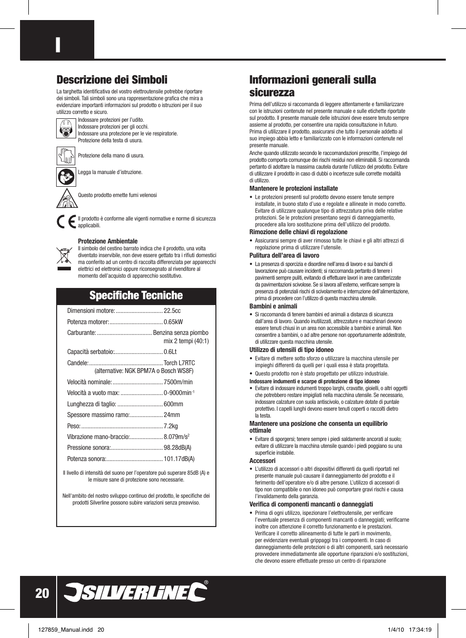 Informazioni generali sulla sicurezza, Specifiche tecniche, Descrizione dei simboli | Silverline Hedge Trimmer Petrol 600mm User Manual | Page 21 / 28