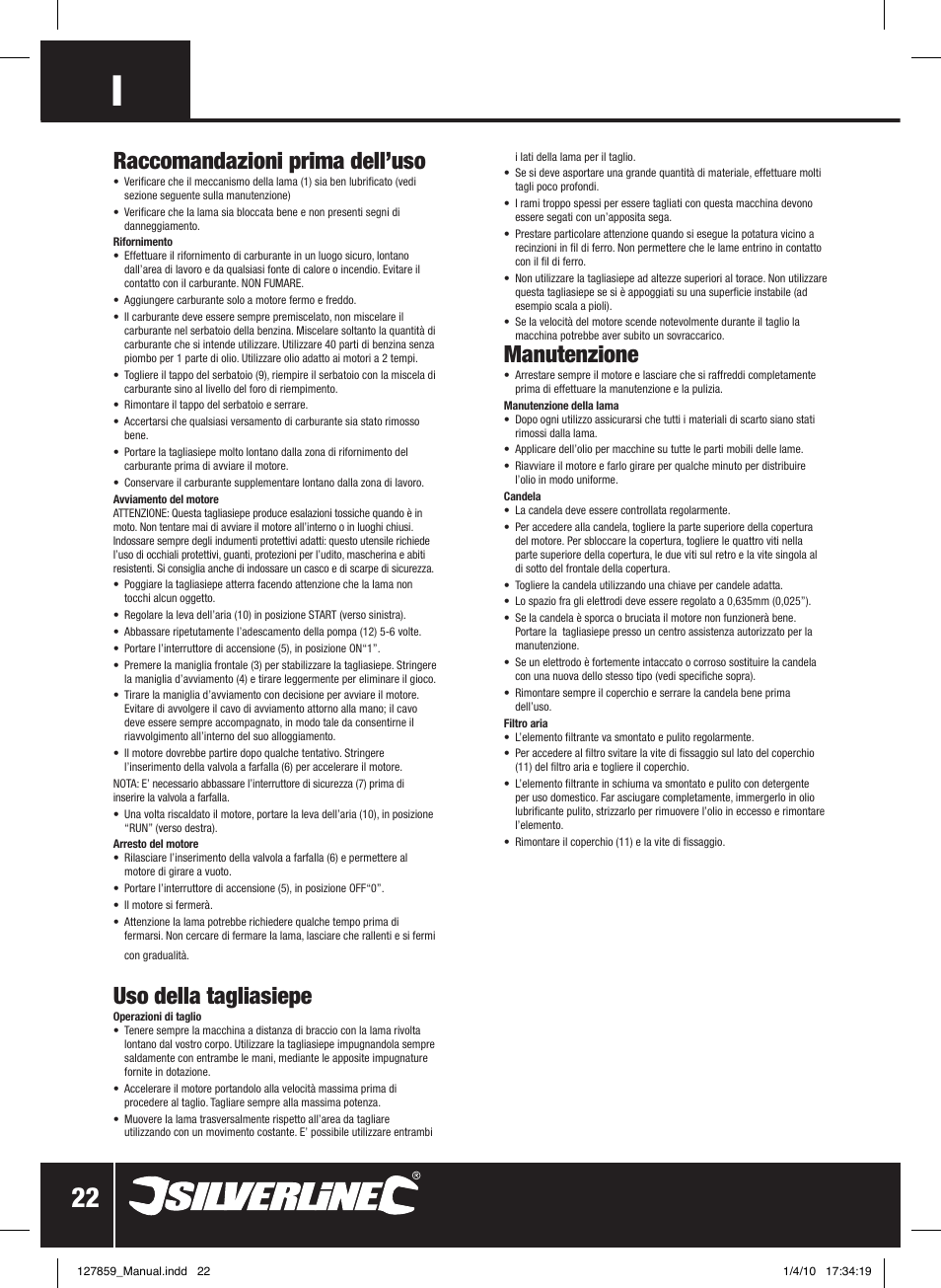 Raccomandazioni prima dell’uso, Uso della tagliasiepe, Manutenzione | Silverline Hedge Trimmer Petrol 600mm User Manual | Page 23 / 28