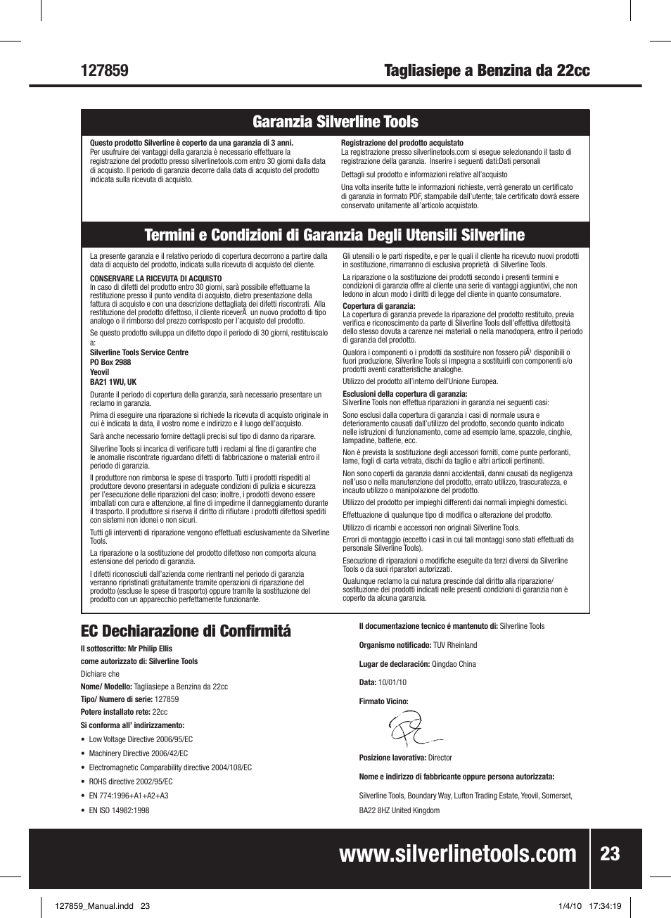 Ec dechiarazione di confirmitá | Silverline Hedge Trimmer Petrol 600mm User Manual | Page 24 / 28