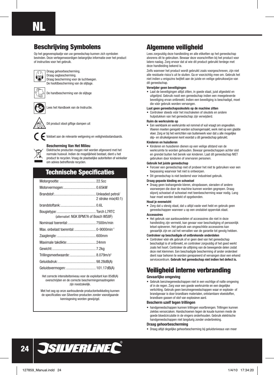 Algemene veiligheid, Veiligheid interne verbranding, Technische specificaties | Beschrijving symbolens | Silverline Hedge Trimmer Petrol 600mm User Manual | Page 25 / 28