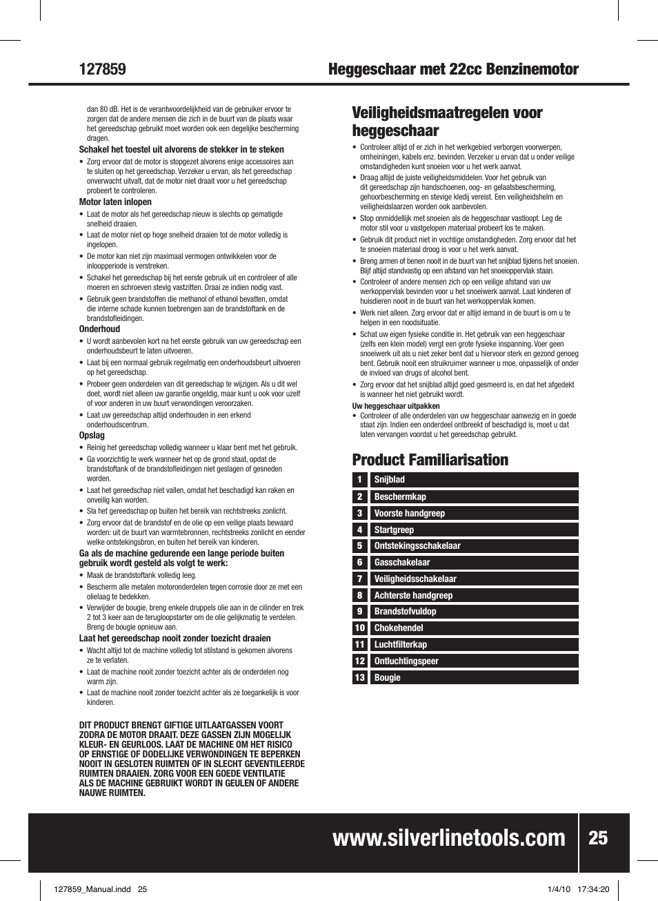 Veiligheidsmaatregelen voor heggeschaar, Product familiarisation | Silverline Hedge Trimmer Petrol 600mm User Manual | Page 26 / 28