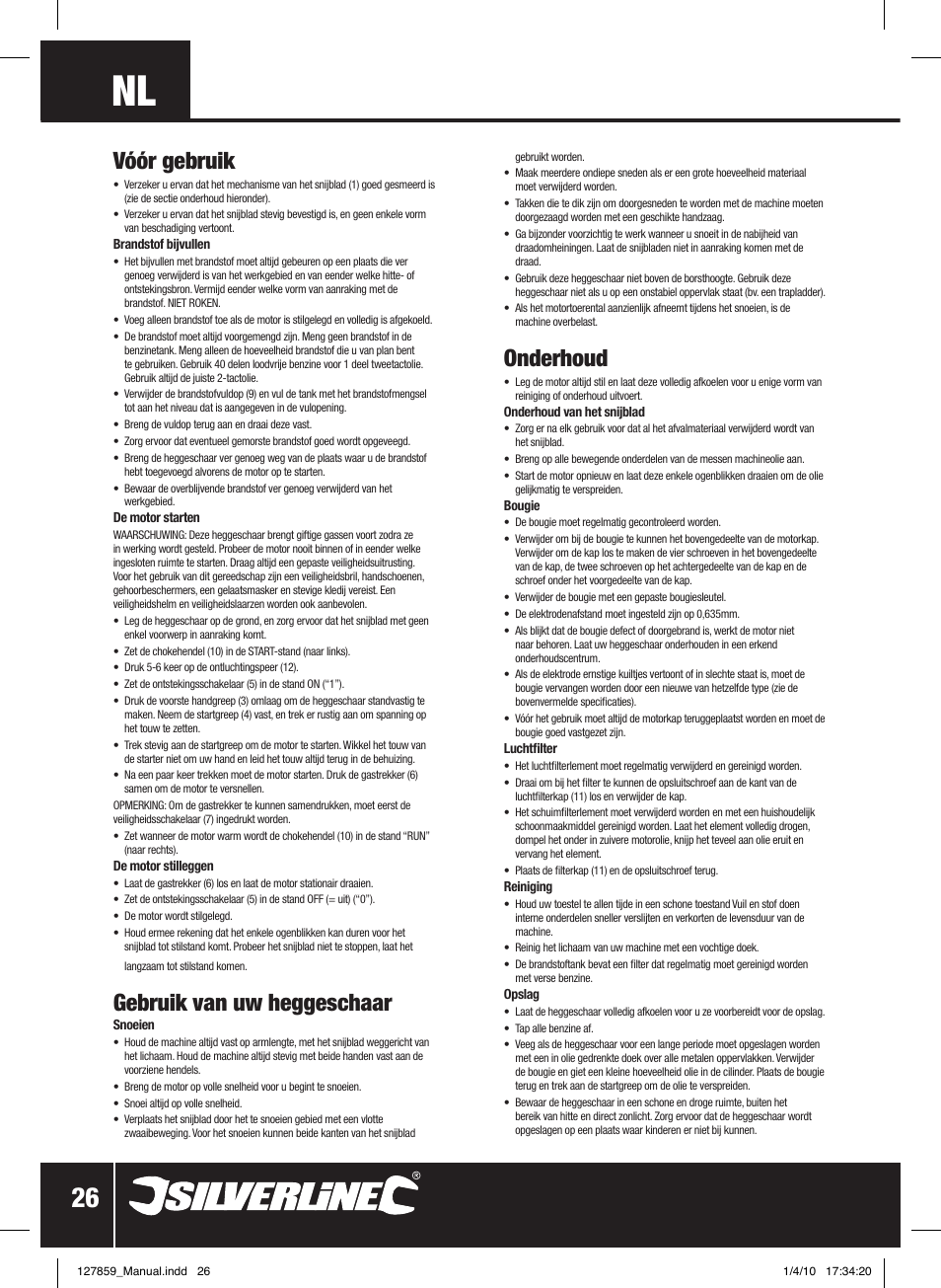 Vóór gebruik, Gebruik van uw heggeschaar, Onderhoud | Silverline Hedge Trimmer Petrol 600mm User Manual | Page 27 / 28