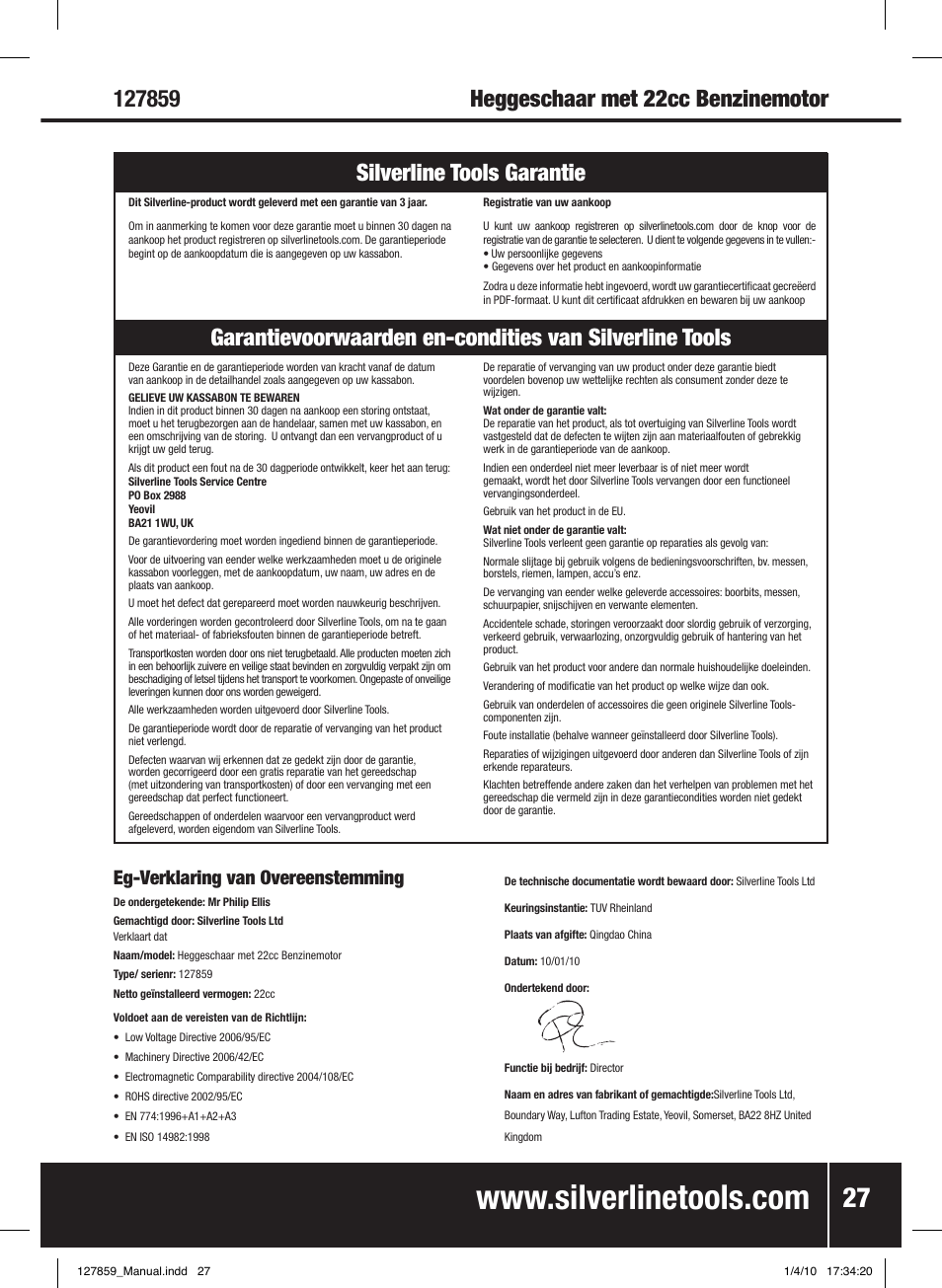 Eg-verklaring van overeenstemming | Silverline Hedge Trimmer Petrol 600mm User Manual | Page 28 / 28