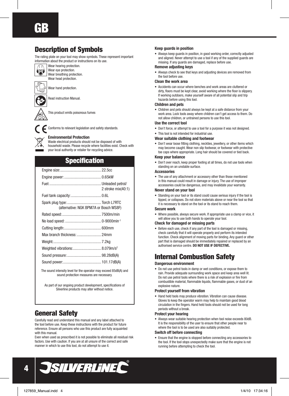 Specification, Internal combustion safety, General safety | Description of symbols | Silverline Hedge Trimmer Petrol 600mm User Manual | Page 5 / 28