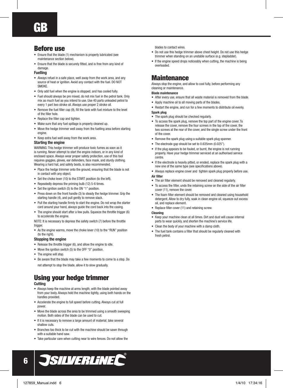 Before use, Using your hedge trimmer, Maintenance | Silverline Hedge Trimmer Petrol 600mm User Manual | Page 7 / 28