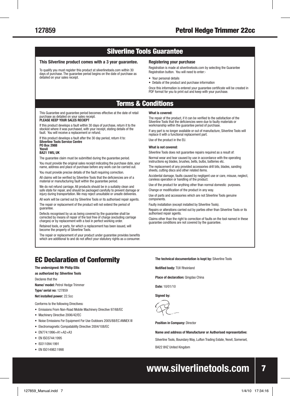 Silverline tools guarantee, Ec declaration of conformity | Silverline Hedge Trimmer Petrol 600mm User Manual | Page 8 / 28