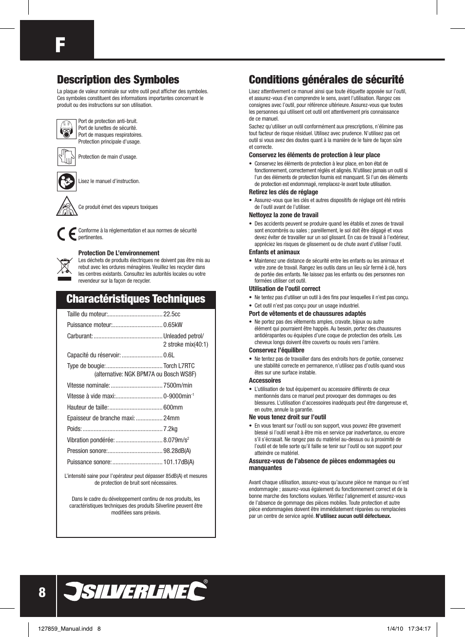 Description des symboles, Conditions générales de sécurité, Charactéristiques techniques | Silverline Hedge Trimmer Petrol 600mm User Manual | Page 9 / 28