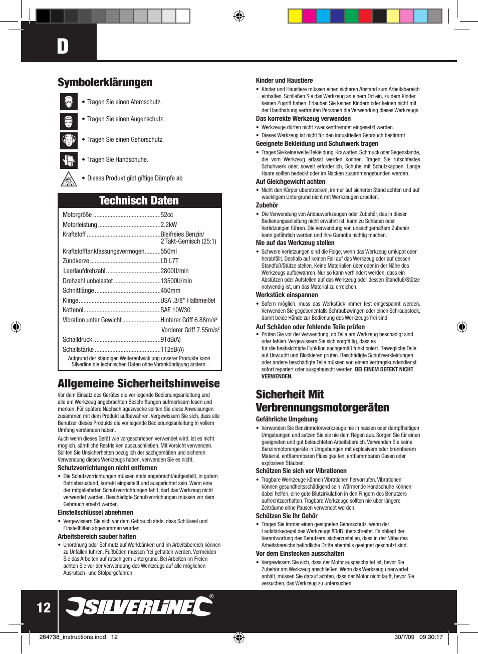 Allgemeine sicherheitshinweise, Sicherheit mit verbrennungsmotorgeräten, Symbolerklärungen technisch daten | Silverline Chainsaw Petrol 480mm User Manual | Page 13 / 28