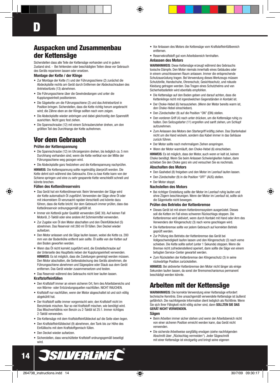 Arbeiten mit der kettensäge, Auspacken und zusammenbau der kettensäge, Vor dem gebrauch | Silverline Chainsaw Petrol 480mm User Manual | Page 15 / 28