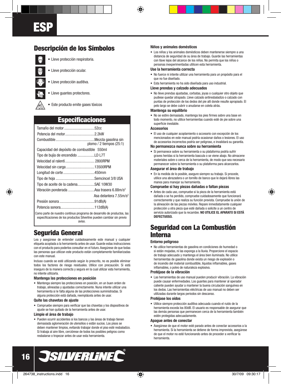 Segurida general, Descripción de los símbolos especificaciones, Seguridad con la combustión interna | Silverline Chainsaw Petrol 480mm User Manual | Page 17 / 28