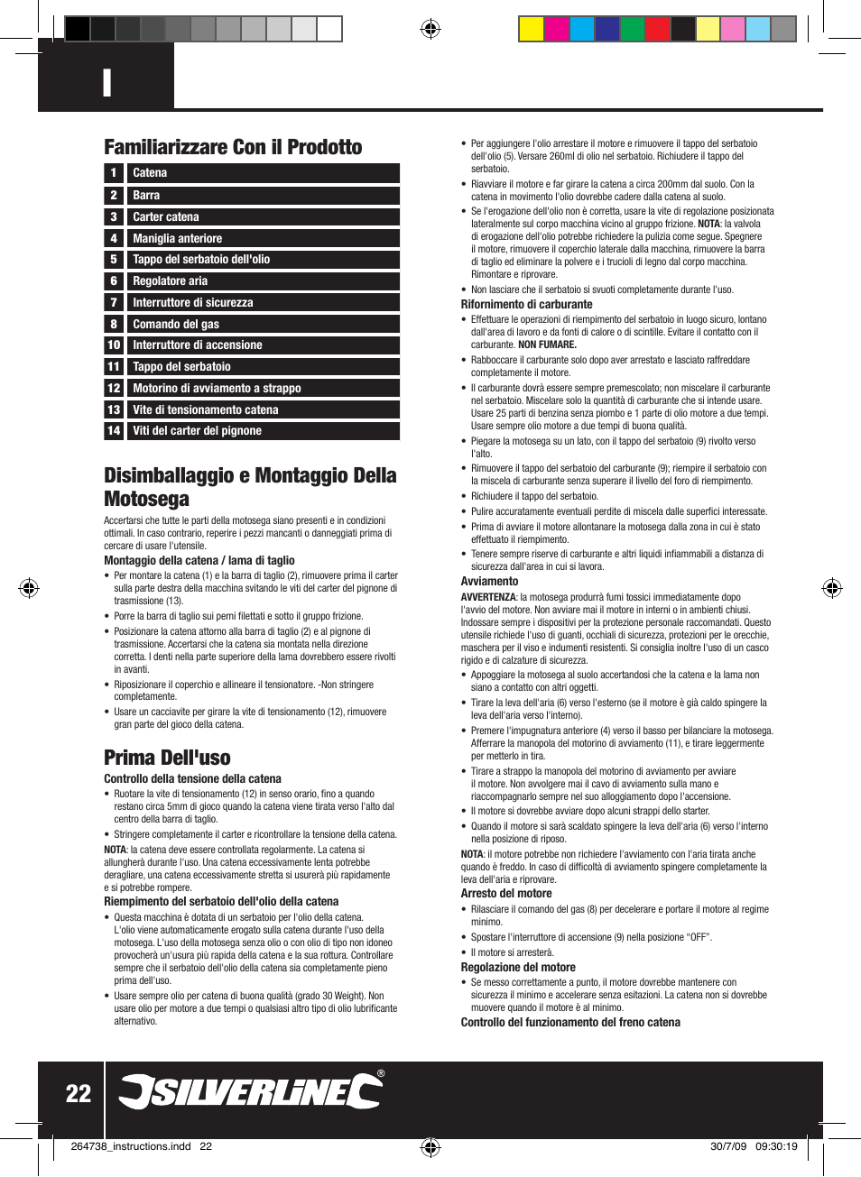 Disimballaggio e montaggio della motosega, Prima dell'uso, Familiarizzare con il prodotto | Silverline Chainsaw Petrol 480mm User Manual | Page 23 / 28