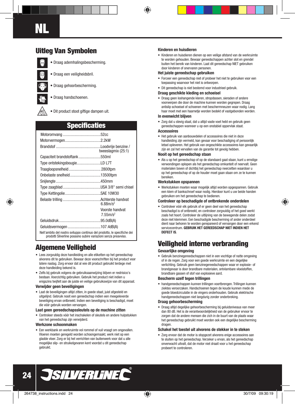 Algemene veiligheid, Uitleg van symbolen specificaties, Veiligheid interne verbranding | Silverline Chainsaw Petrol 480mm User Manual | Page 25 / 28