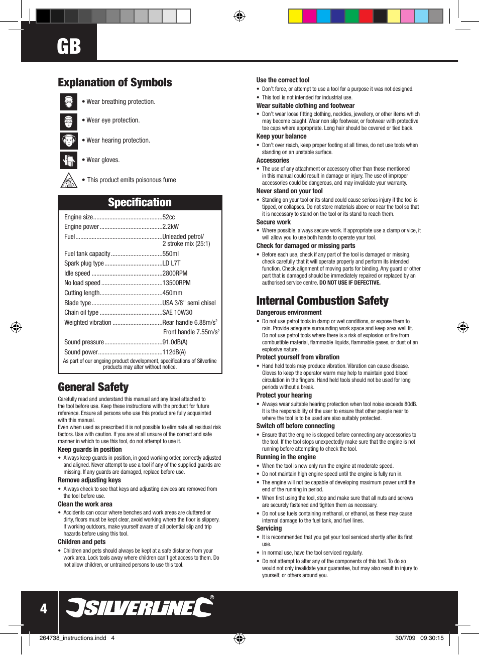 General safety, Specification, Explanation of symbols | Internal combustion safety | Silverline Chainsaw Petrol 480mm User Manual | Page 5 / 28