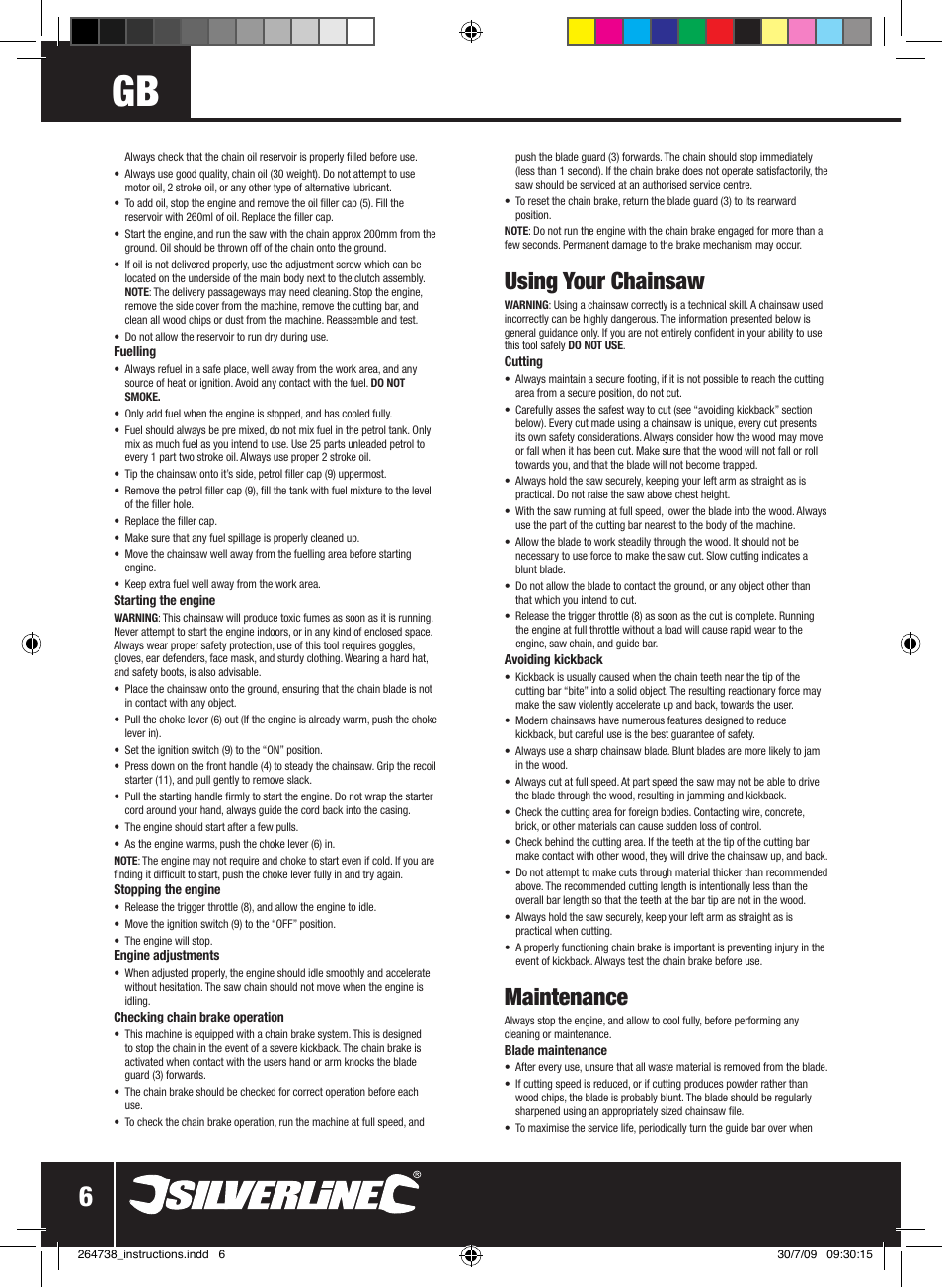 Using your chainsaw, Maintenance | Silverline Chainsaw Petrol 480mm User Manual | Page 7 / 28