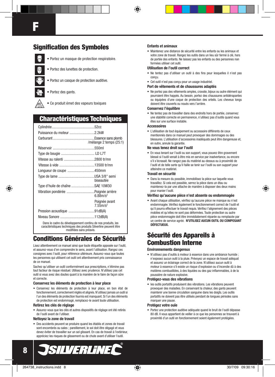 Sécurité des appareils à combustion interne, Charactéristiques techniques | Silverline Chainsaw Petrol 480mm User Manual | Page 9 / 28