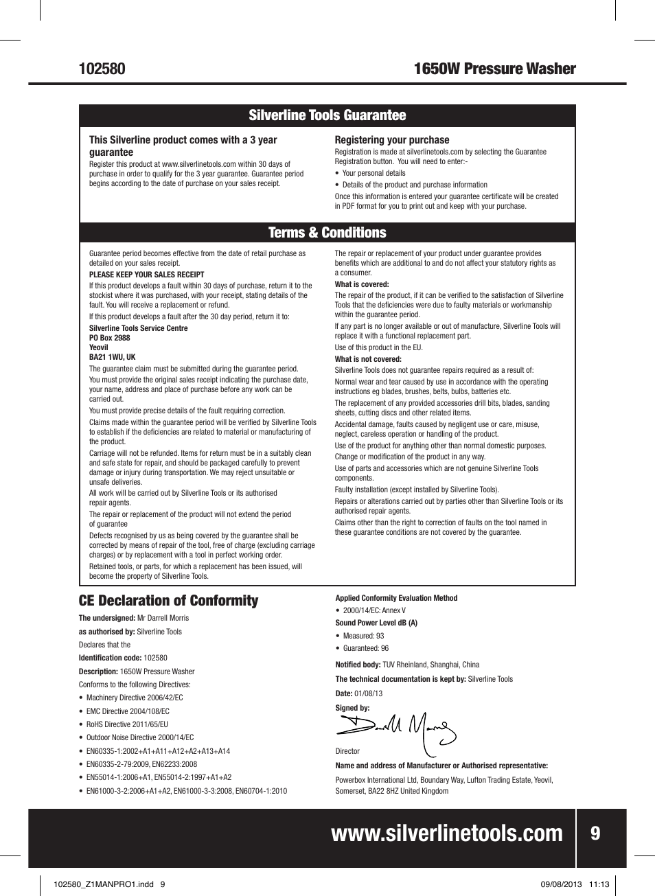 Ce declaration of conformity, Terms & conditions silverline tools guarantee | Silverline Pressure Washer 1650W User Manual | Page 10 / 40