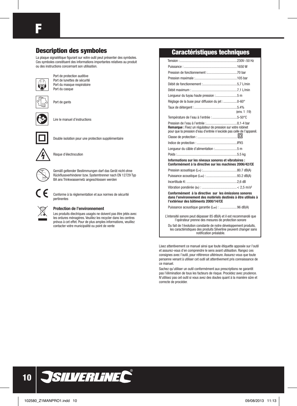 Description des symboles, Caractéristiques techniques | Silverline Pressure Washer 1650W User Manual | Page 11 / 40