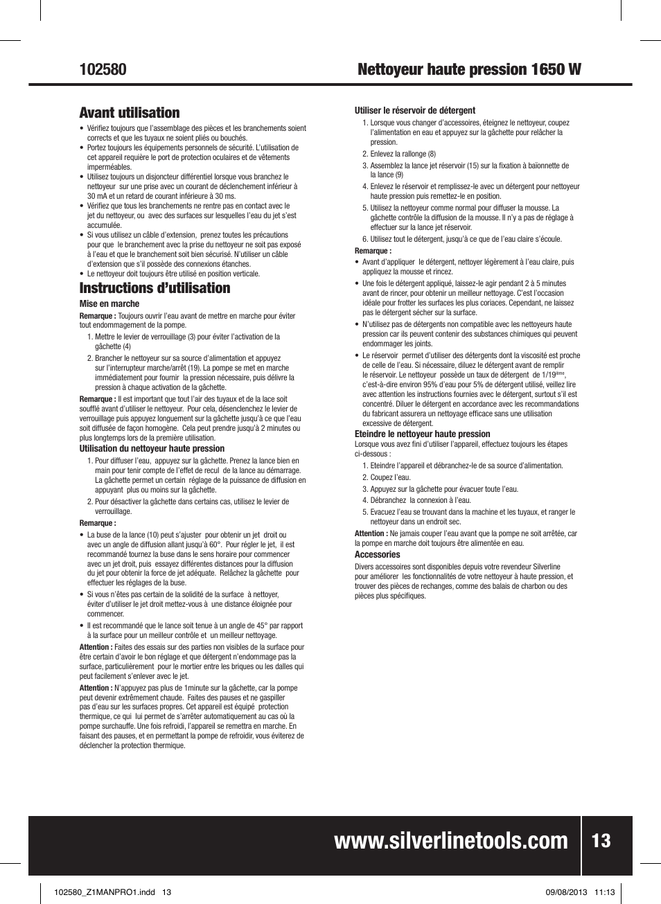 Avant utilisation, Instructions d’utilisation | Silverline Pressure Washer 1650W User Manual | Page 14 / 40