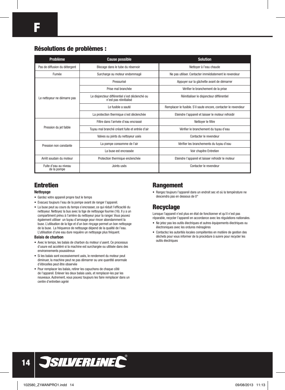 Entretien, Résolutions de problèmes : rangement, Recyclage | Silverline Pressure Washer 1650W User Manual | Page 15 / 40