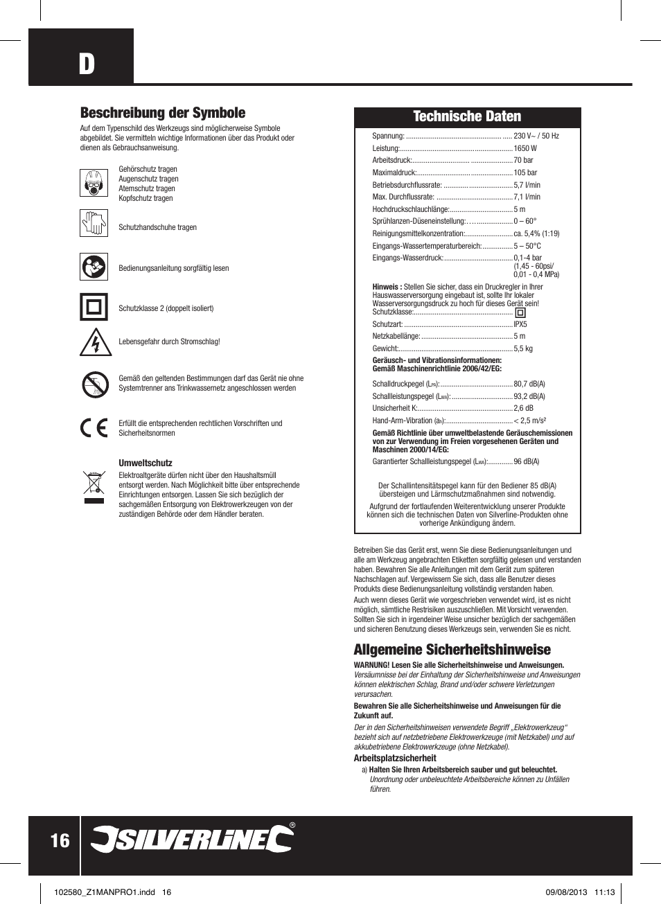 Technische daten, Allgemeine sicherheitshinweise, Beschreibung der symbole | Silverline Pressure Washer 1650W User Manual | Page 17 / 40