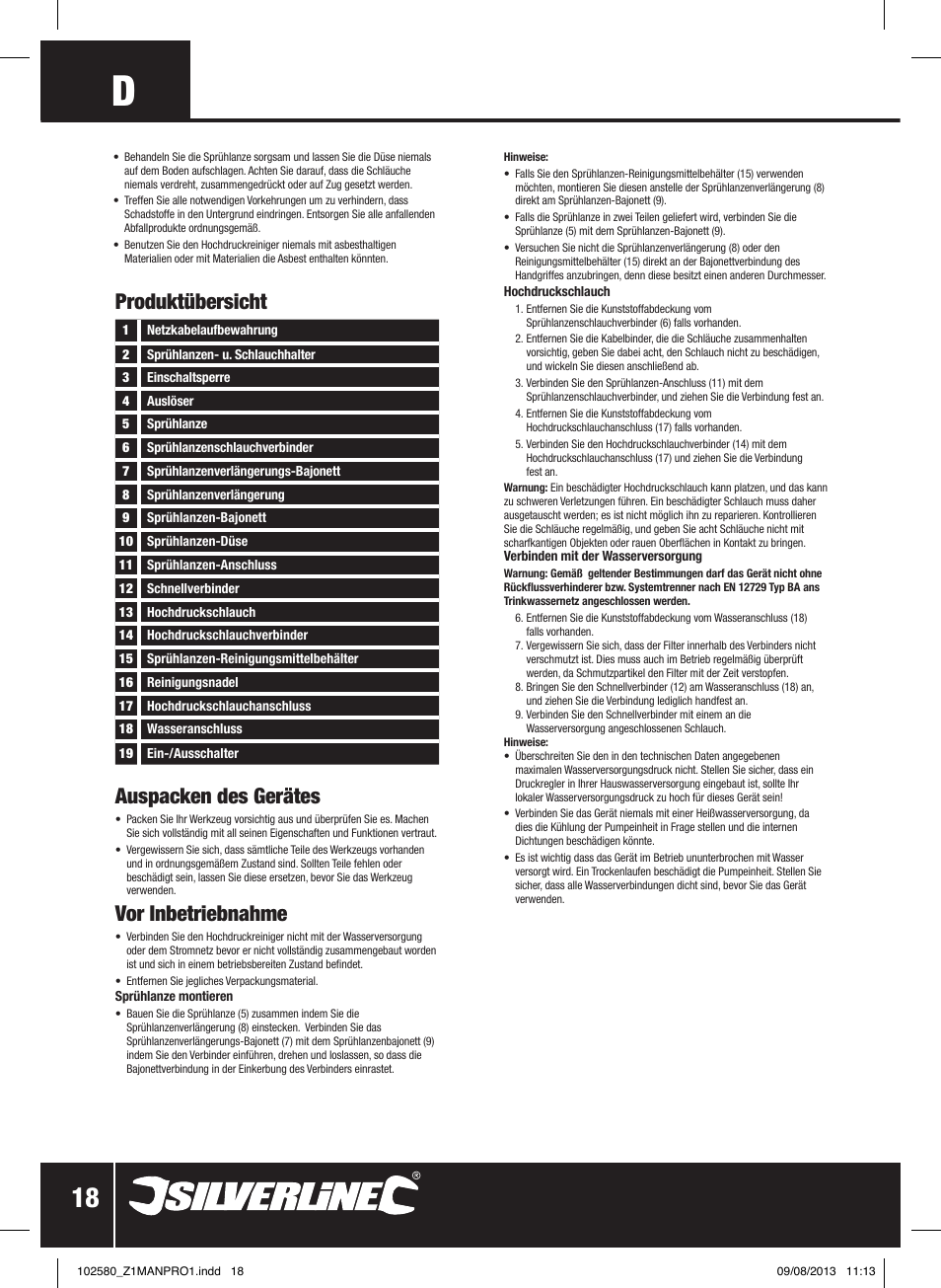 Auspacken des gerätes, Vor inbetriebnahme, Produktübersicht | Silverline Pressure Washer 1650W User Manual | Page 19 / 40