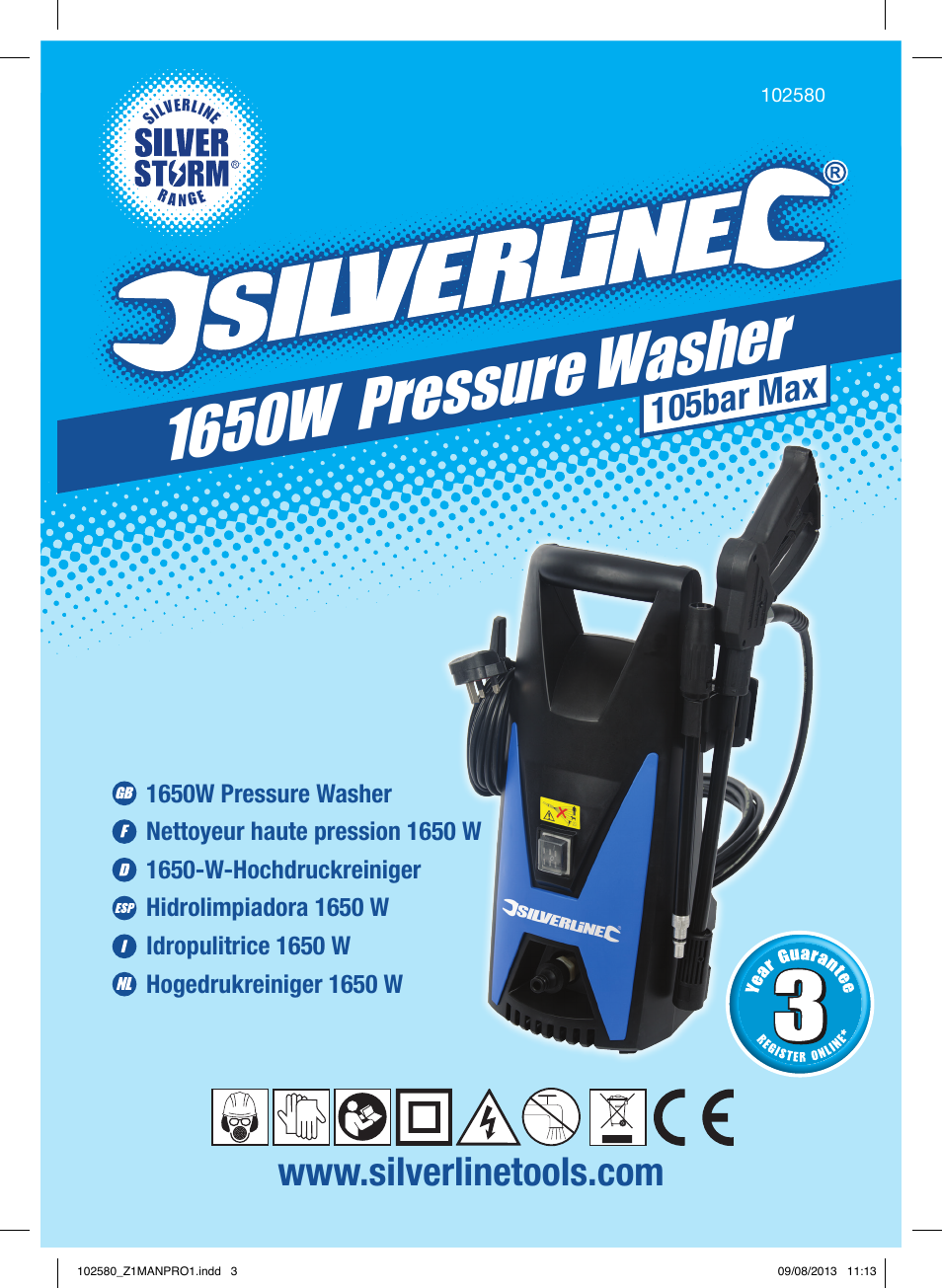 1650w pressure washer, 105bar max | Silverline Pressure Washer 1650W User Manual | Page 2 / 40