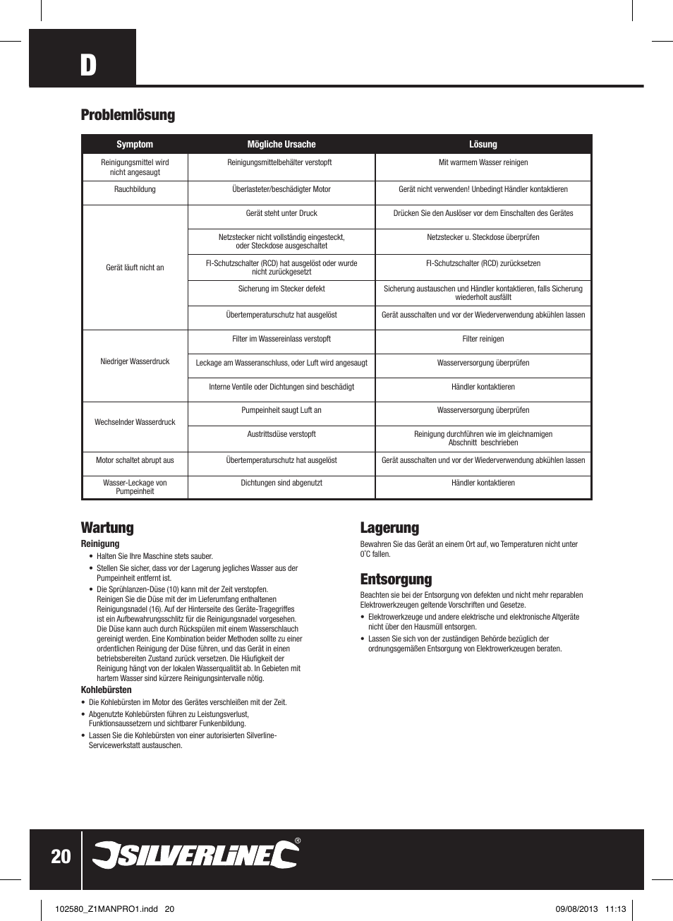 Wartung, Problemlösung lagerung, Entsorgung | Silverline Pressure Washer 1650W User Manual | Page 21 / 40