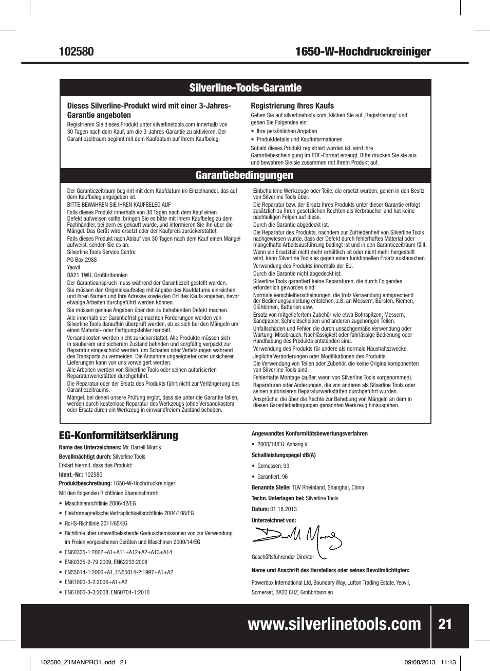 Silverline tools garantie eg-konformitätserklärung, Garantiebedingungen silverline-tools-garantie | Silverline Pressure Washer 1650W User Manual | Page 22 / 40