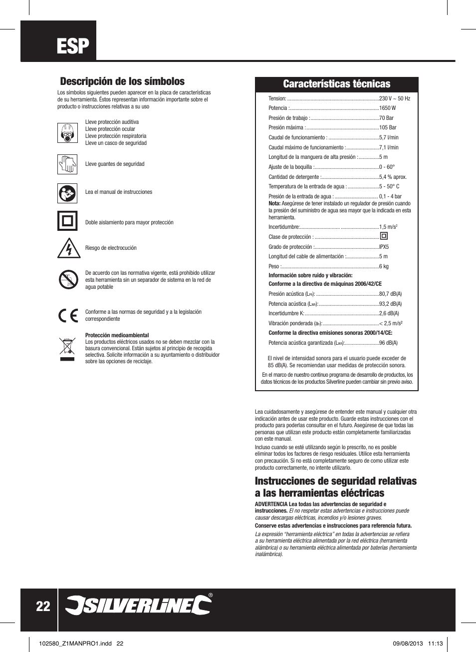 Descripción de los símbolos, Características técnicas | Silverline Pressure Washer 1650W User Manual | Page 23 / 40