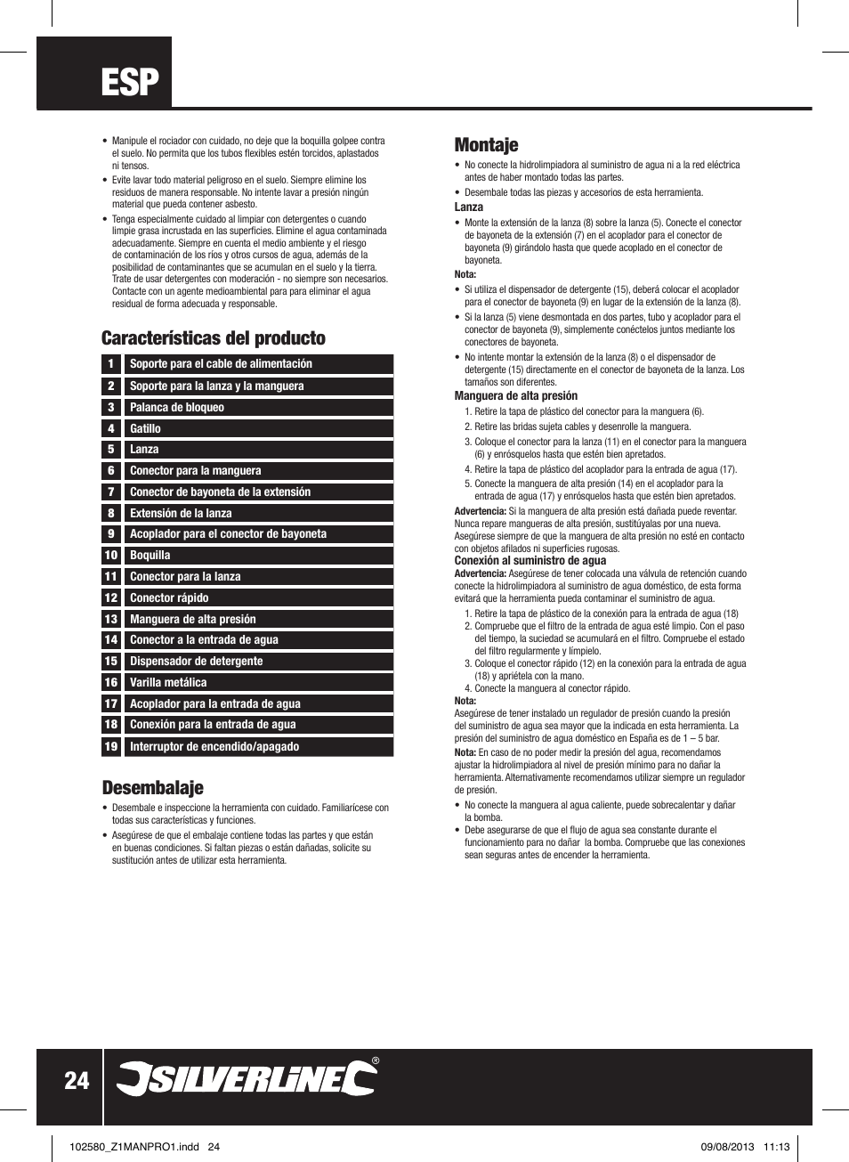 Desembalaje, Montaje, Características del producto | Silverline Pressure Washer 1650W User Manual | Page 25 / 40