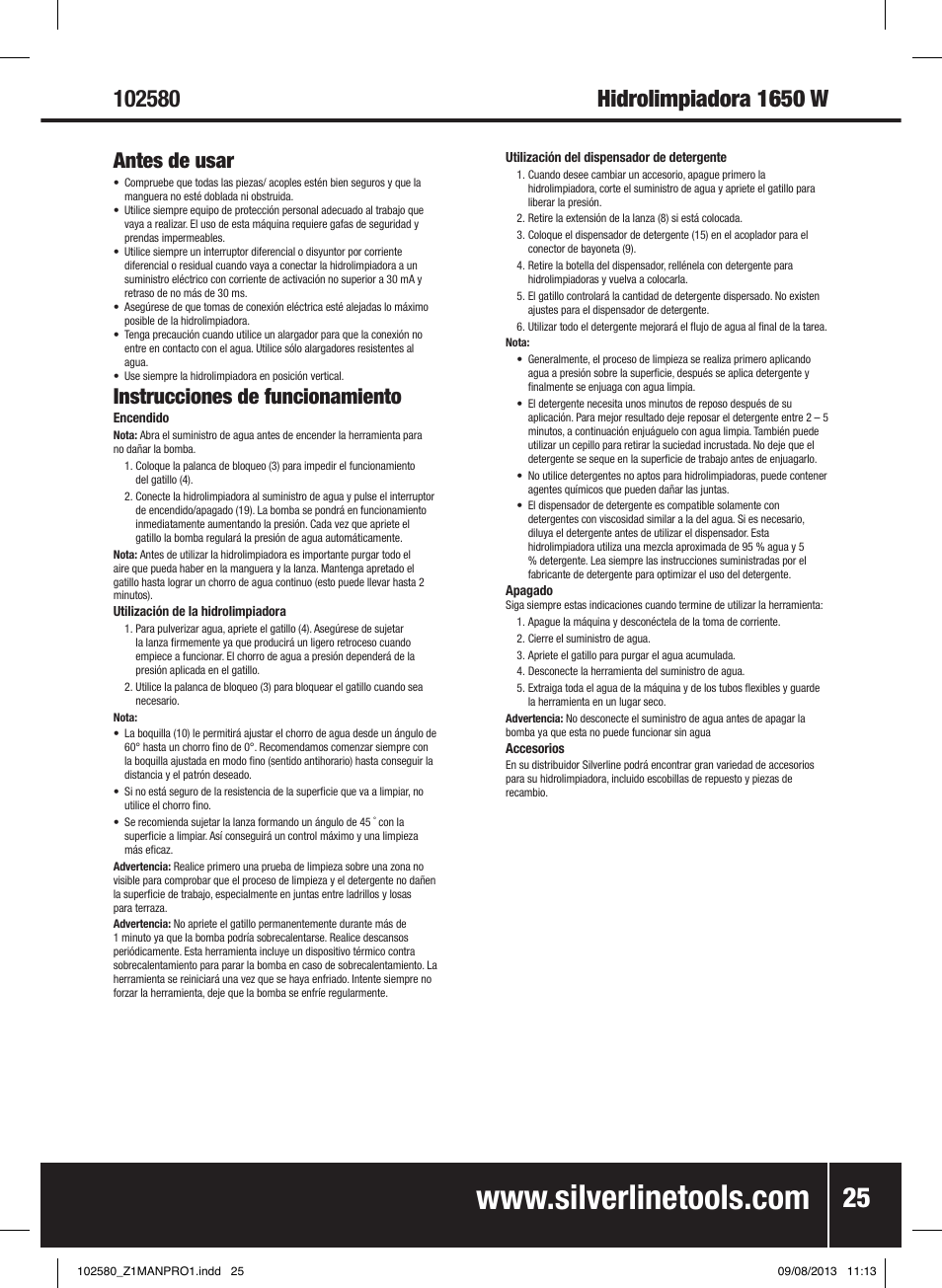 Antes de usar, Instrucciones de funcionamiento | Silverline Pressure Washer 1650W User Manual | Page 26 / 40