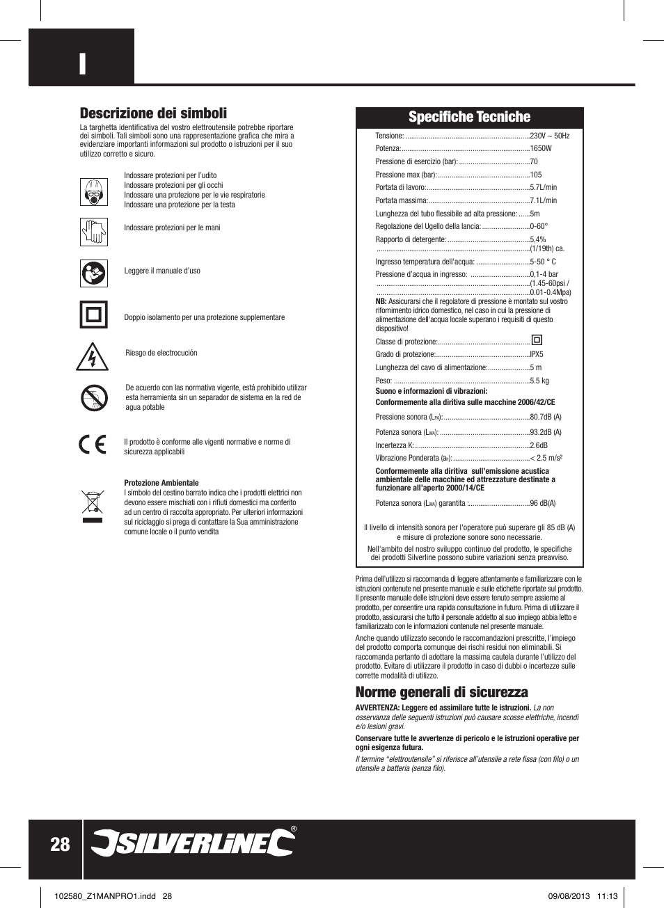 Norme generali di sicurezza, Descrizione dei simboli, Specifiche tecniche | Silverline Pressure Washer 1650W User Manual | Page 29 / 40