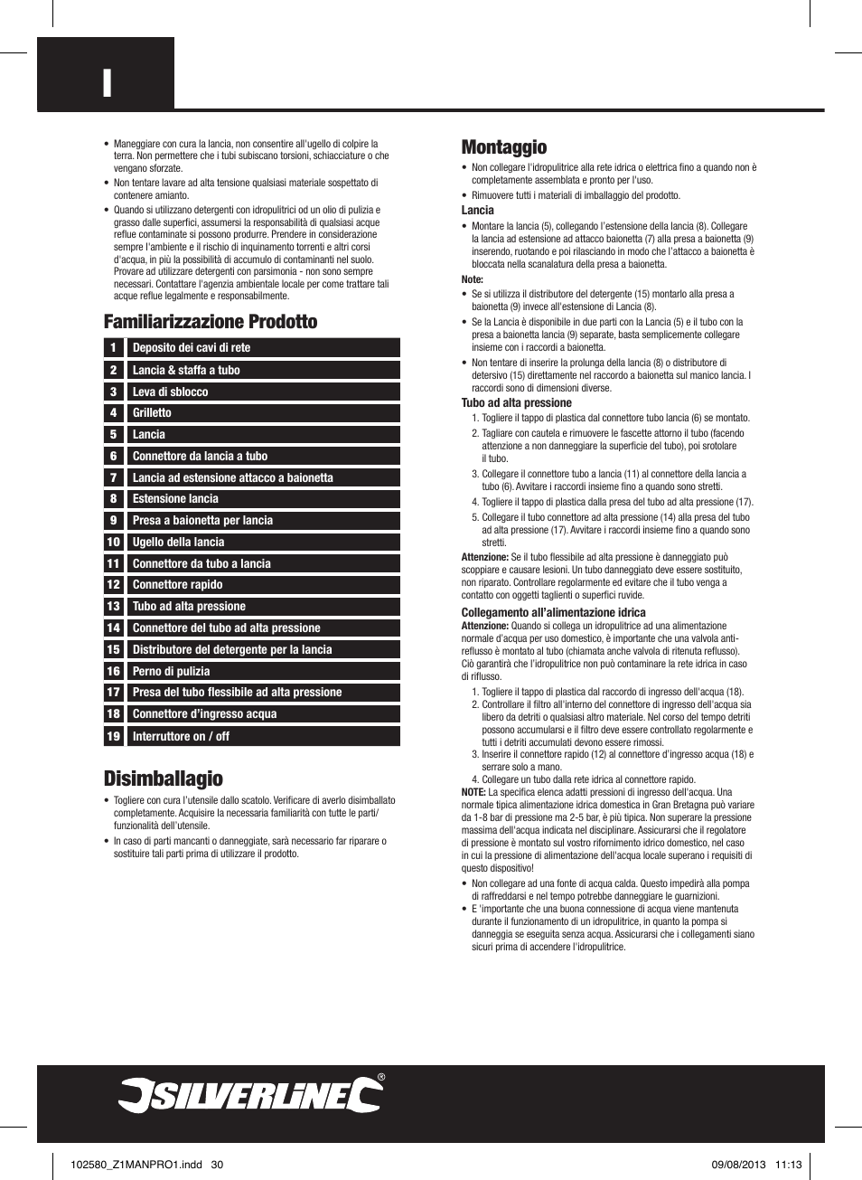 Disimballagio, Montaggio, Familiarizzazione prodotto | Silverline Pressure Washer 1650W User Manual | Page 31 / 40