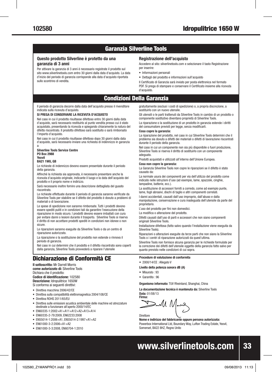 Dichiarazione di conformità ce | Silverline Pressure Washer 1650W User Manual | Page 34 / 40