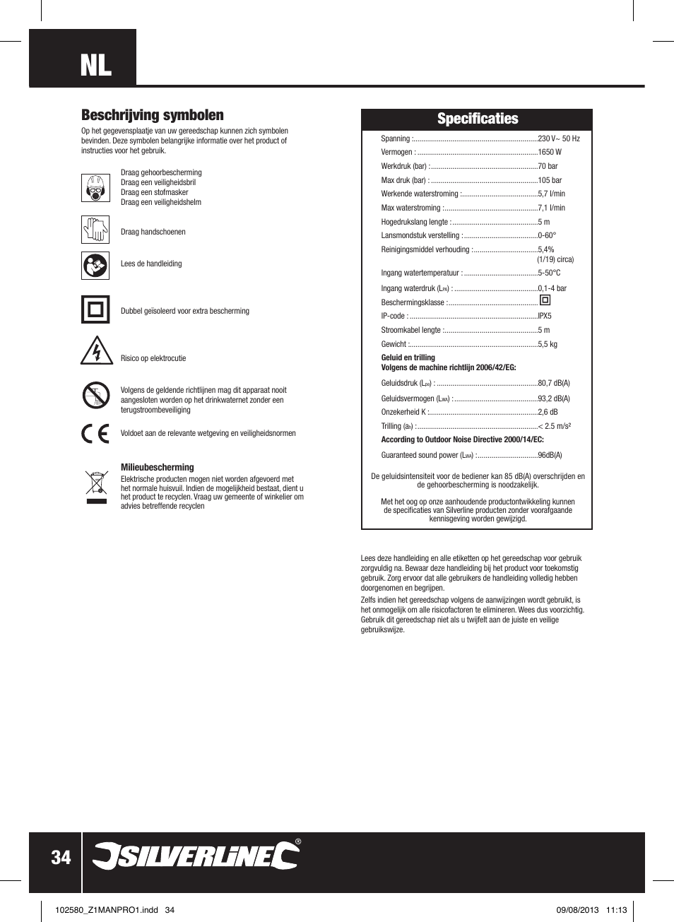 Beschrijving symbolen, Specificaties | Silverline Pressure Washer 1650W User Manual | Page 35 / 40