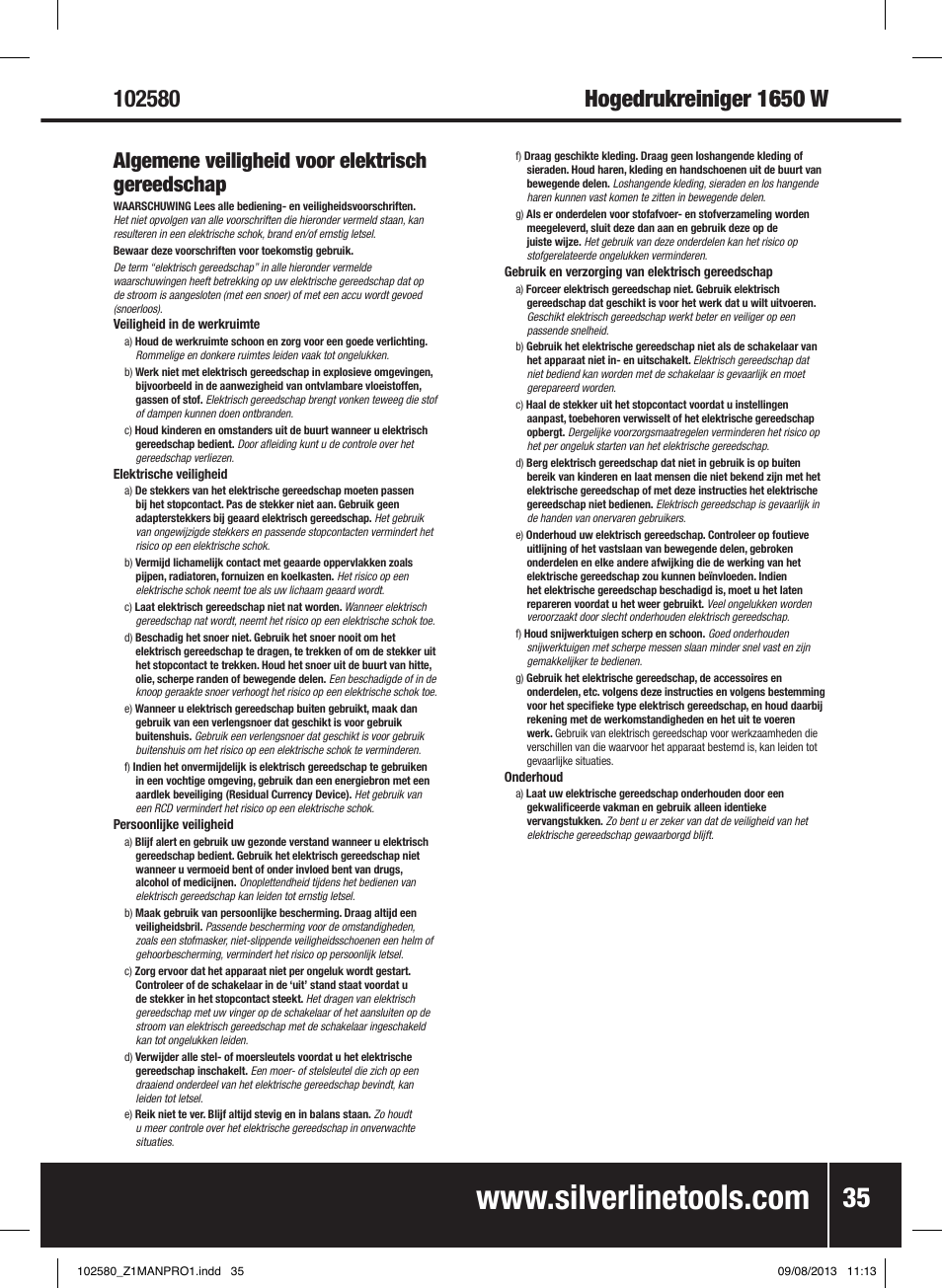 Algemene veiligheid voor elektrisch gereedschap | Silverline Pressure Washer 1650W User Manual | Page 36 / 40