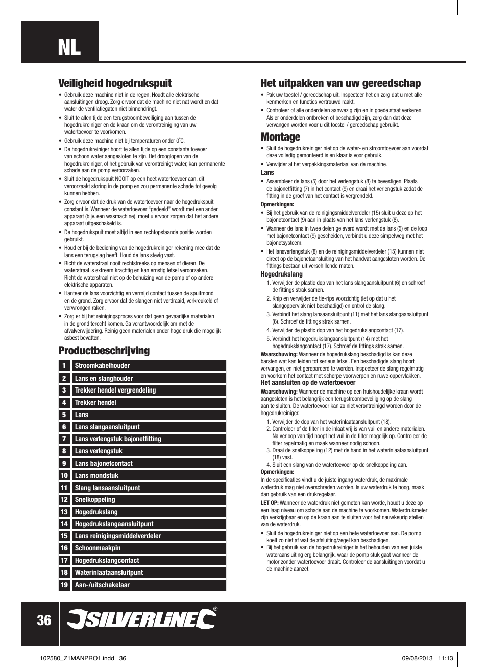 Het uitpakken van uw gereedschap, Montage, Productbeschrijving veiligheid hogedrukspuit | Silverline Pressure Washer 1650W User Manual | Page 37 / 40