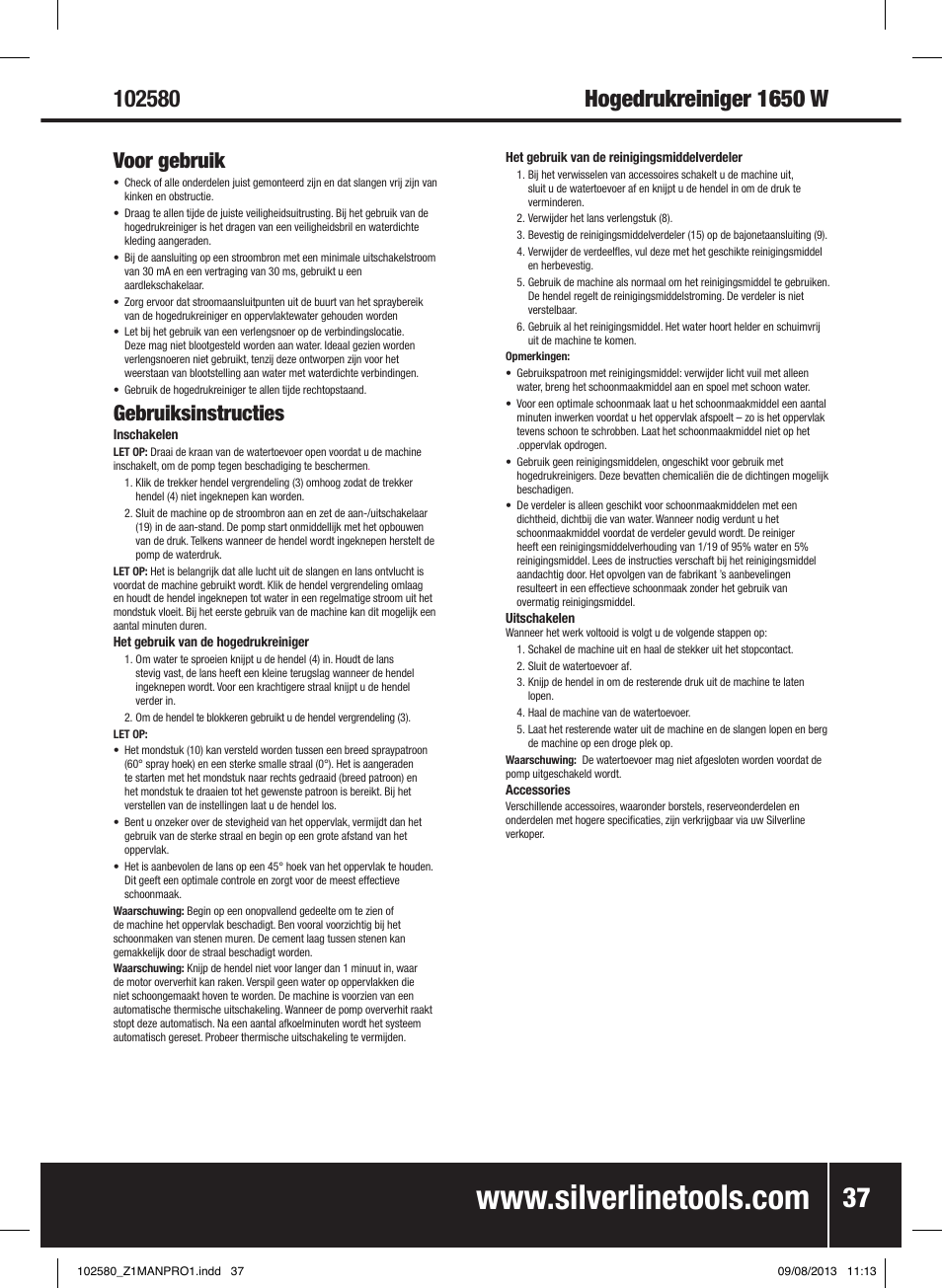 Voor gebruik, Gebruiksinstructies | Silverline Pressure Washer 1650W User Manual | Page 38 / 40