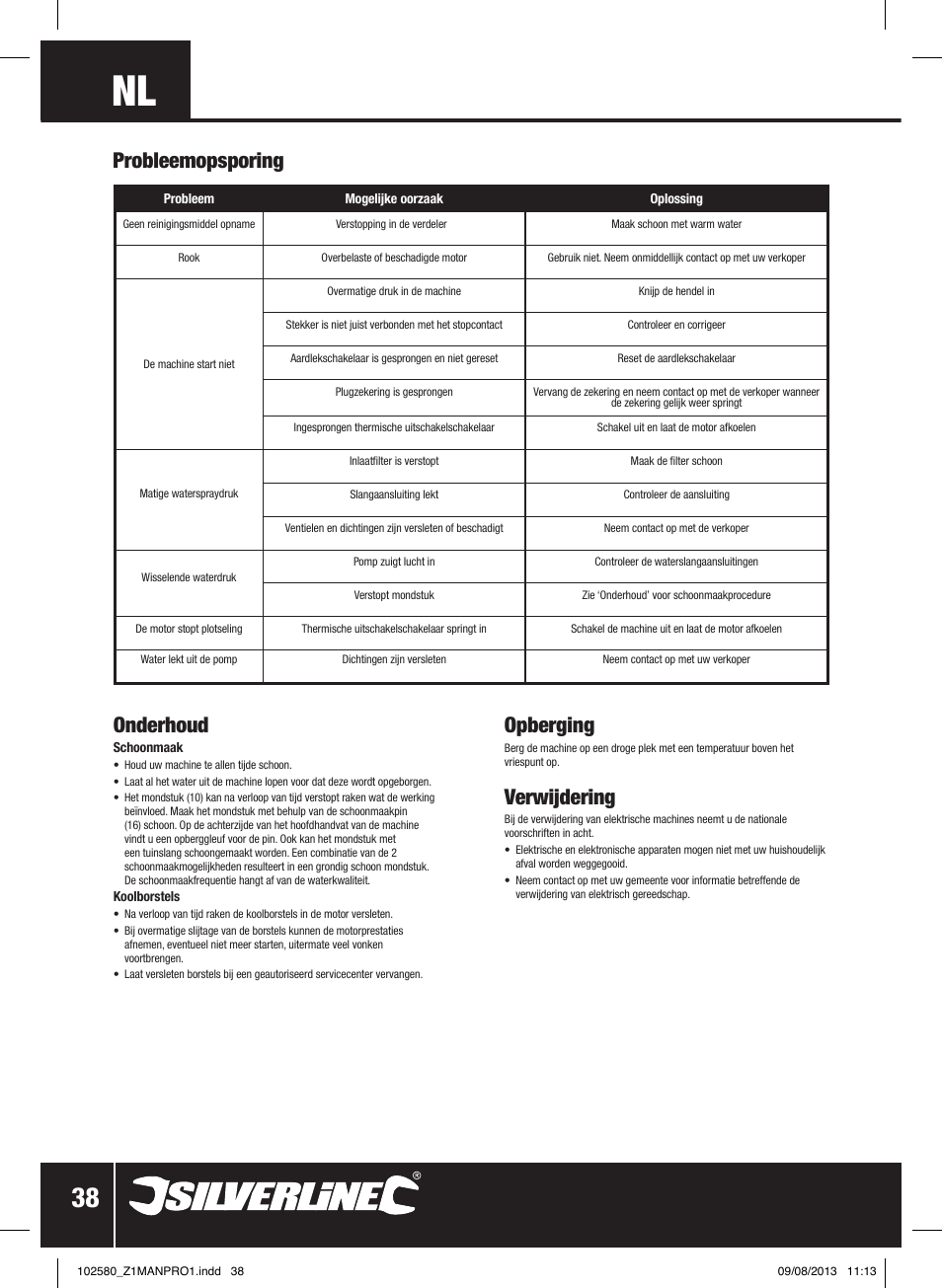 Onderhoud, Probleemopsporing opberging, Verwijdering | Silverline Pressure Washer 1650W User Manual | Page 39 / 40