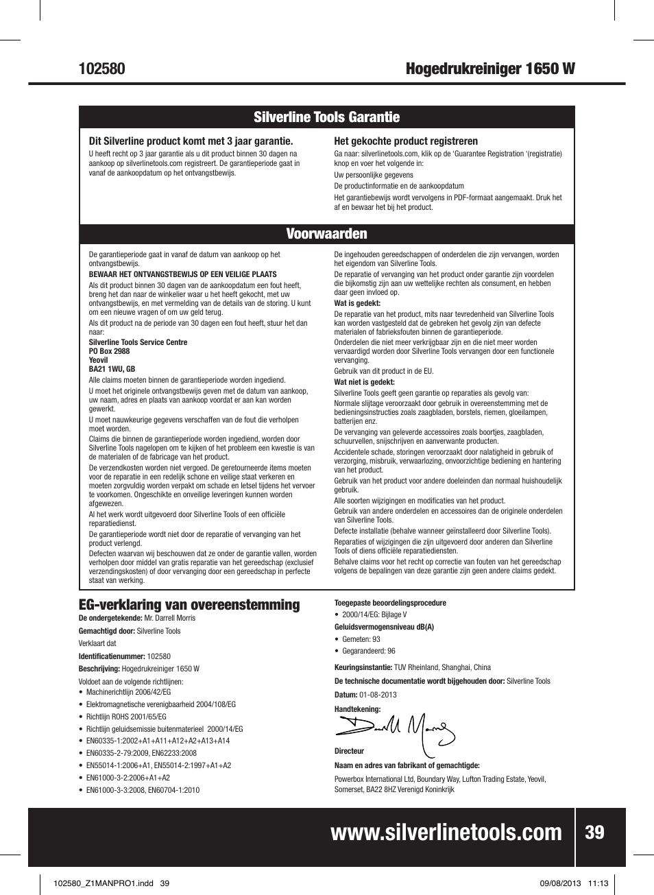 Eg-verklaring van overeenstemming, Voorwaarden silverline tools garantie | Silverline Pressure Washer 1650W User Manual | Page 40 / 40