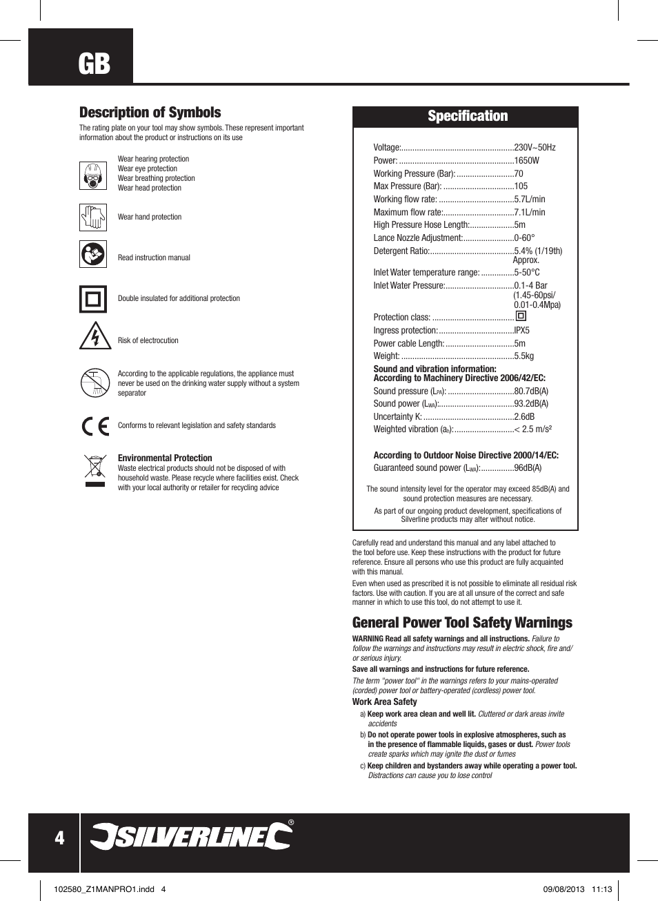 General power tool safety warnings, Specification, Description of symbols | Silverline Pressure Washer 1650W User Manual | Page 5 / 40